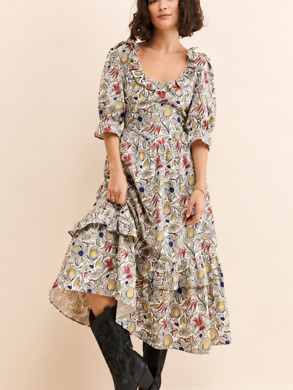 Anthropologie Meadows Sycamore Floral Midi Dress Size 2 Cotton Tiered
